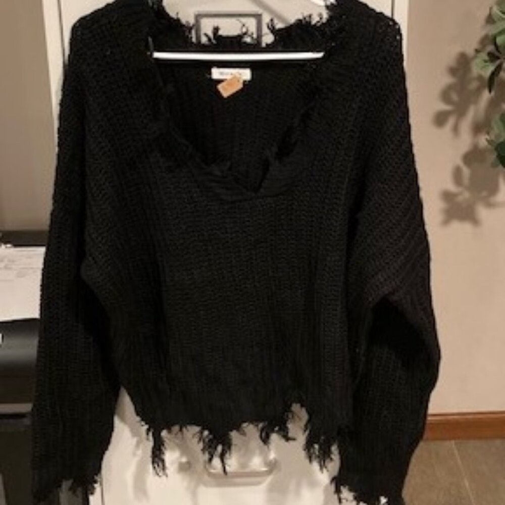 Miracle - Black V-Neck with Frayed Edges - Size Medium/Large - New With Tags